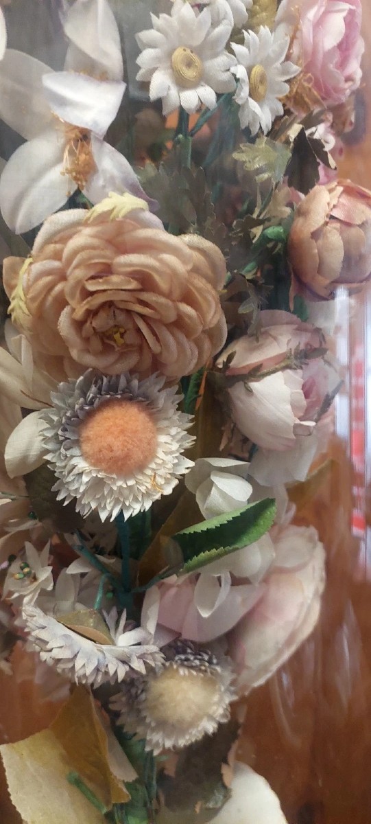 Antica Campana in vetro soffiato vaso in ceramica e fiori di stoffa XIX sec.-photo-1