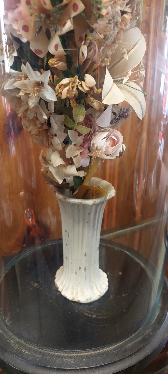 Antica Campana in vetro soffiato vaso in ceramica e fiori di stoffa XIX sec.-photo-2