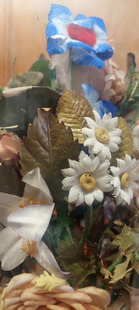 Antica Campana in vetro soffiato vaso in ceramica e fiori di stoffa XIX sec.-photo-3