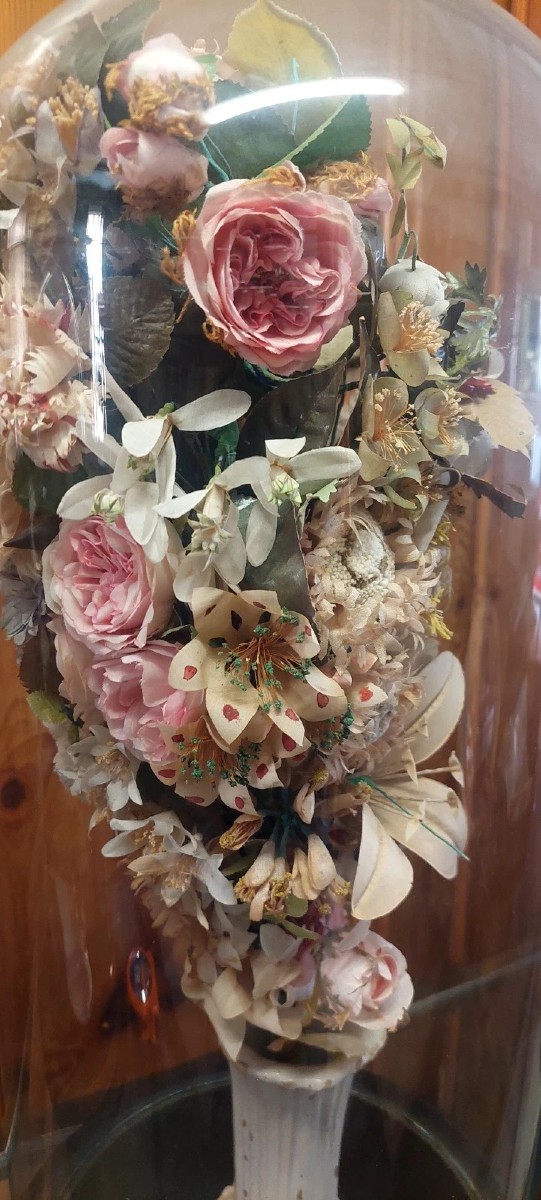 Antica Campana in vetro soffiato vaso in ceramica e fiori di stoffa XIX sec.-photo-4