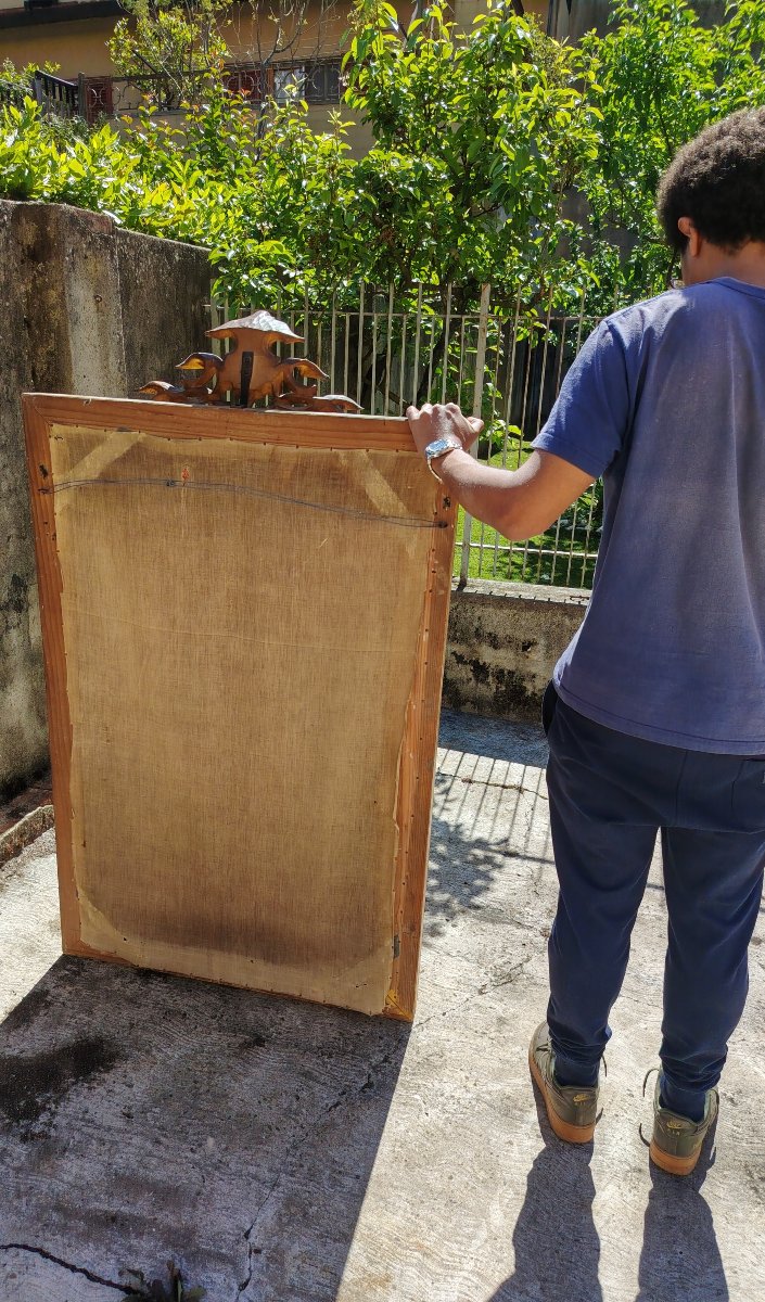 Grande specchiera in legno del XIX secolo ,  dorata a mecca  con cimasa-photo-4