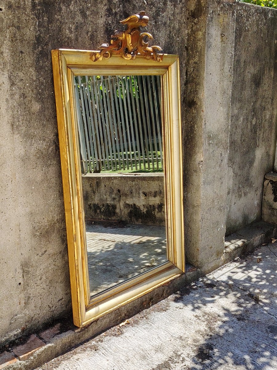 Grande specchiera in legno del XIX secolo ,  dorata a mecca  con cimasa-photo-3