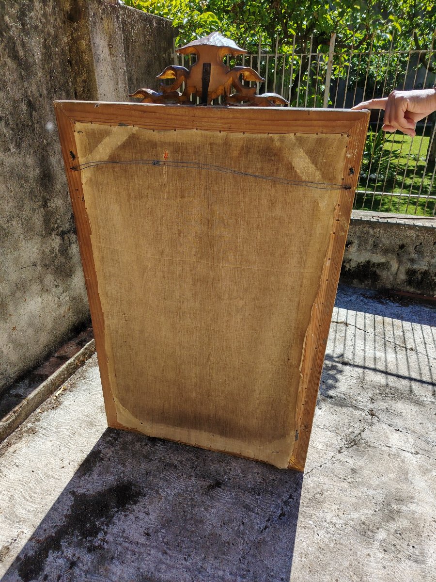 Grande specchiera in legno del XIX secolo ,  dorata a mecca  con cimasa-photo-8