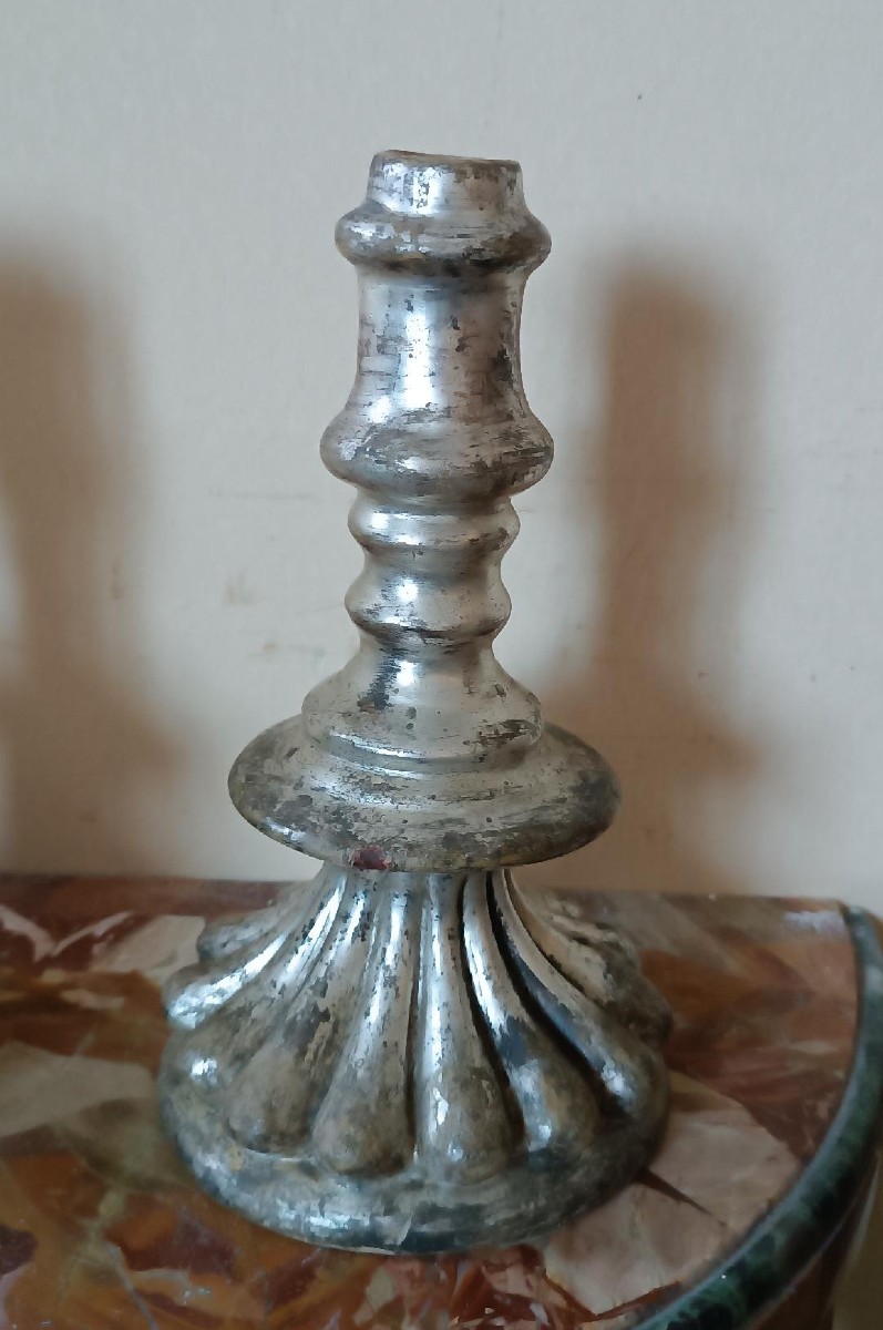 Rara coppia antichi candelieri argentati in terracotta XVII secolo-photo-2