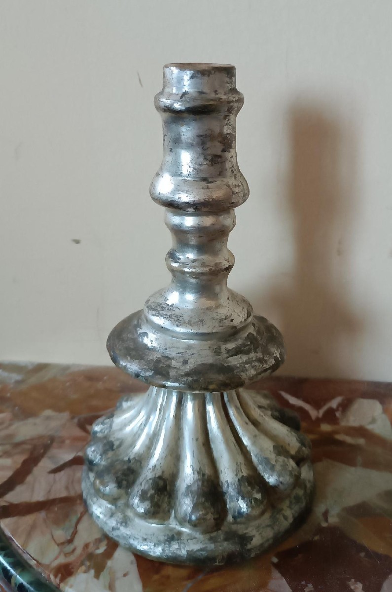 Rara coppia antichi candelieri argentati in terracotta XVII secolo-photo-3