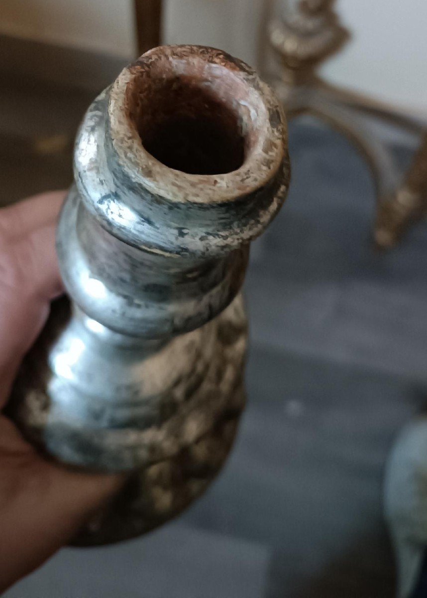 Rara coppia antichi candelieri argentati in terracotta XVII secolo-photo-2