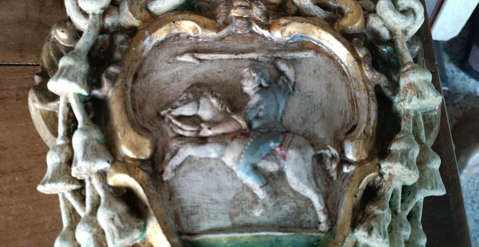 Antico stemma araldico in legno laccato e dorato fine XVII inizi XVIII secolo-photo-5