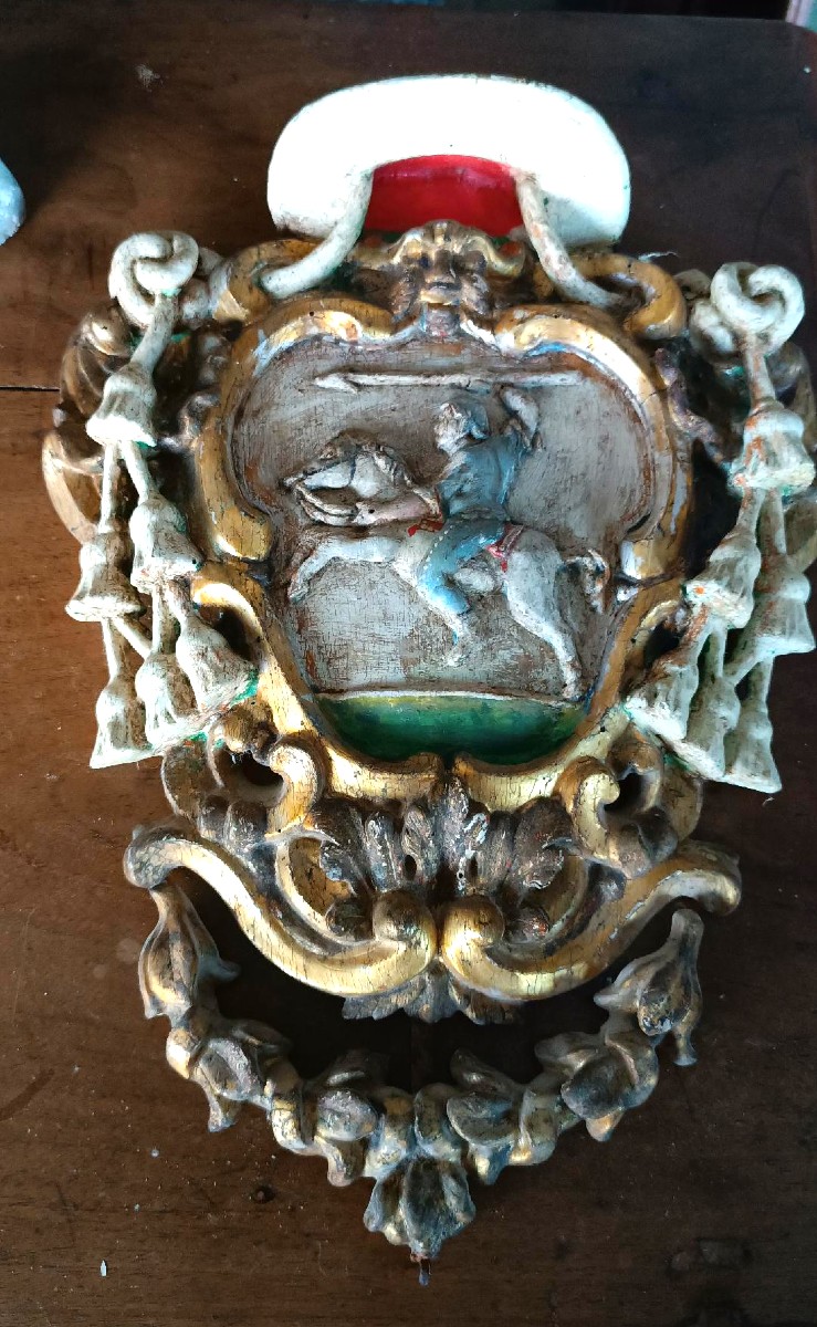 Antico stemma araldico in legno laccato e dorato fine XVII inizi XVIII secolo-photo-7