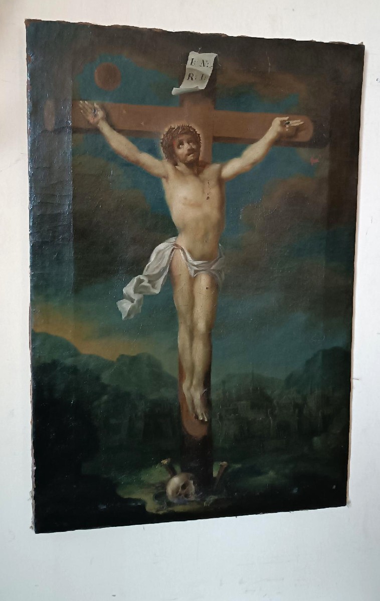 Antico olio su tela "crocifissione" scuola italiana XVIII secolo-photo-2