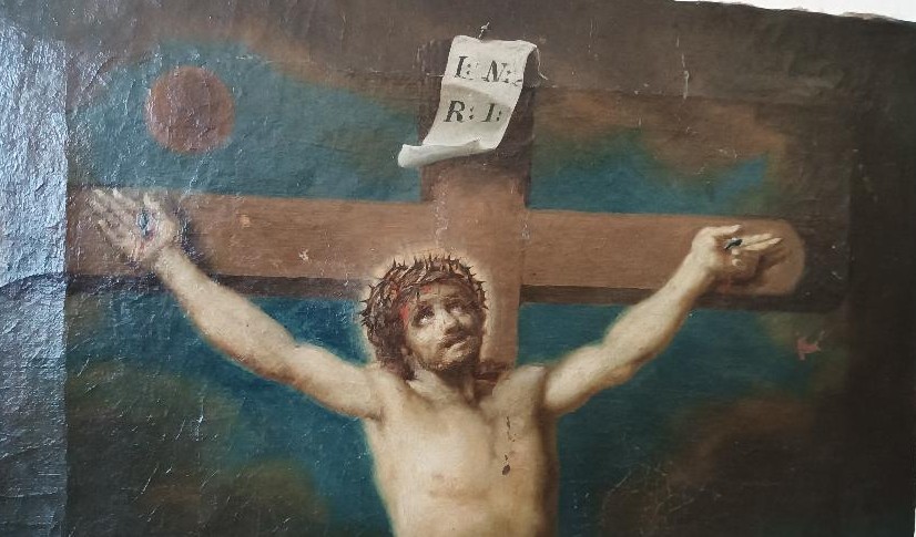 Antico olio su tela "crocifissione" scuola italiana XVIII secolo-photo-1