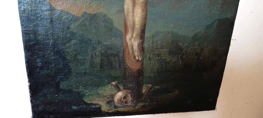 Antico olio su tela "crocifissione" scuola italiana XVIII secolo-photo-3