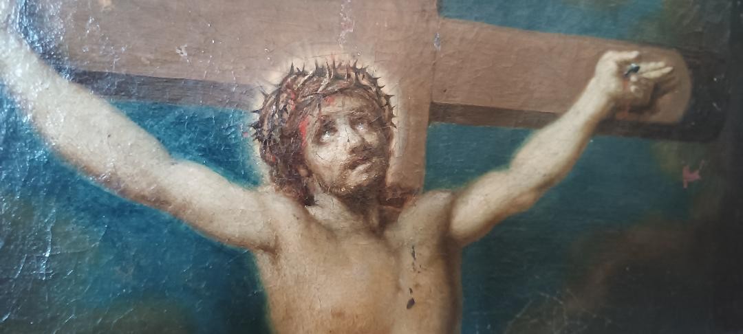 Antico olio su tela "crocifissione" scuola italiana XVIII secolo-photo-6