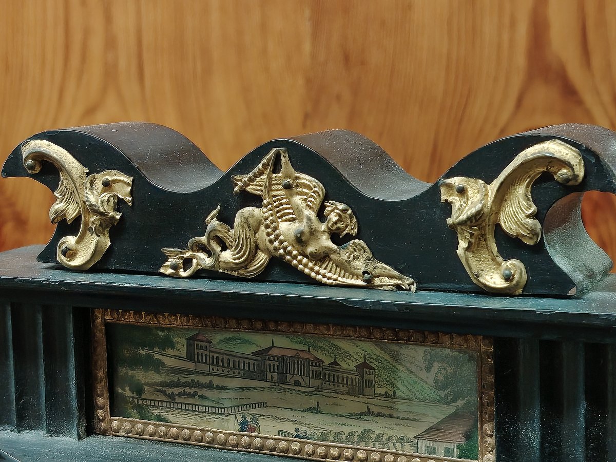 Orologio a tempietto bidermaier  in legno ebanizzato e dorato  colonne in alabastro  XIX secolo-photo-3