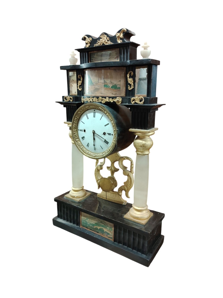 Orologio a tempietto bidermaier  in legno ebanizzato e dorato  colonne in alabastro  XIX secolo-photo-2
