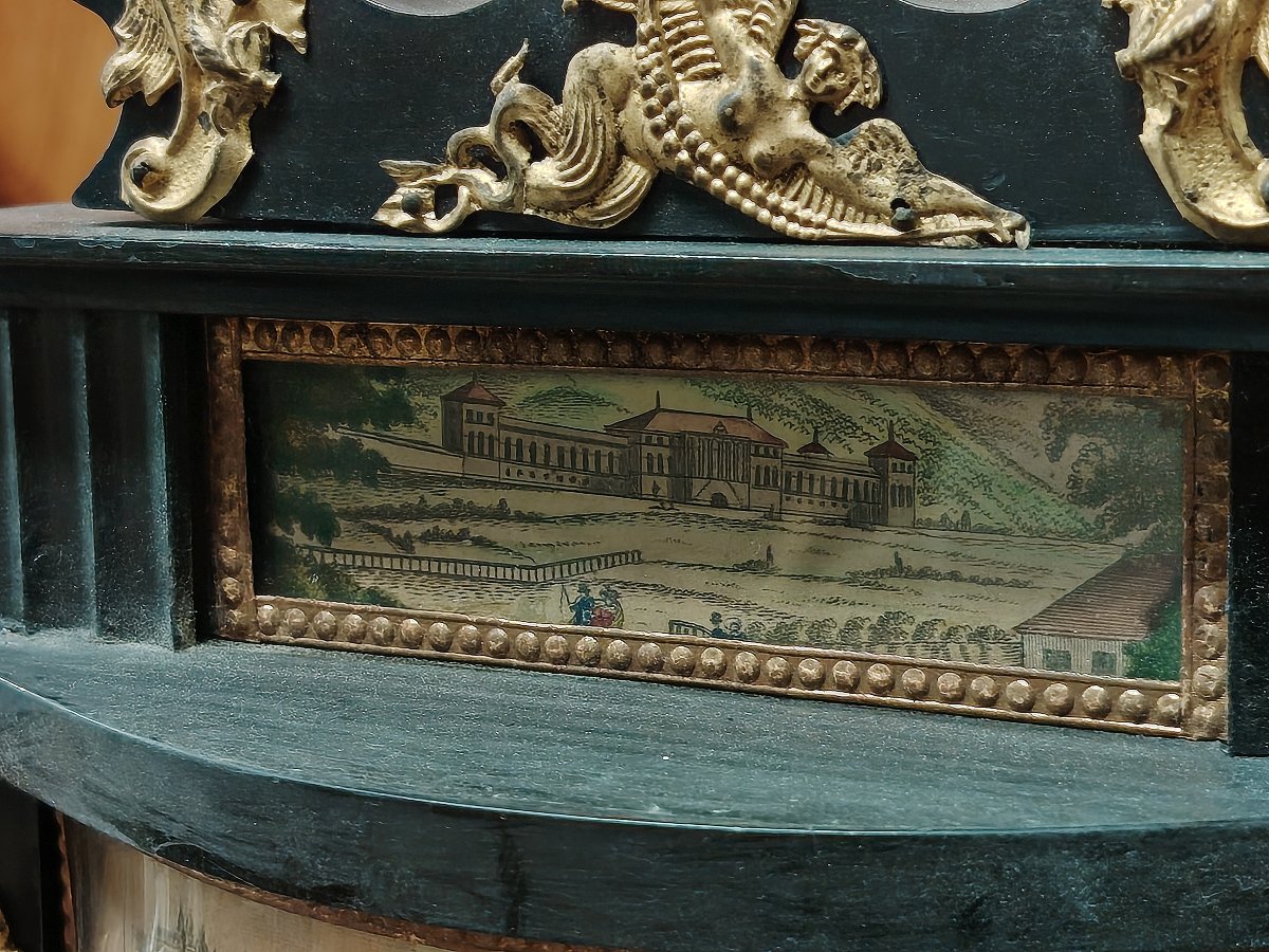 Orologio a tempietto bidermaier  in legno ebanizzato e dorato  colonne in alabastro  XIX secolo-photo-2