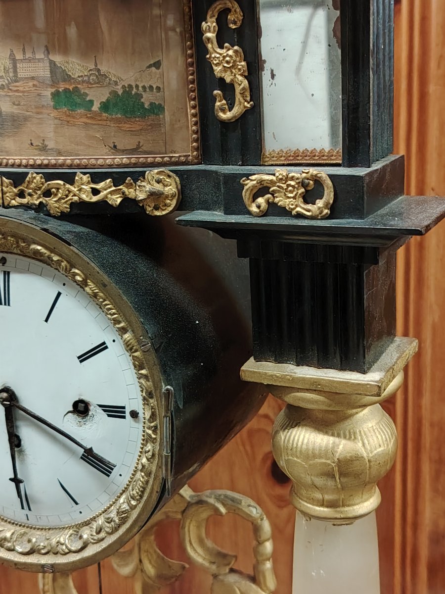 Orologio a tempietto bidermaier  in legno ebanizzato e dorato  colonne in alabastro  XIX secolo-photo-7