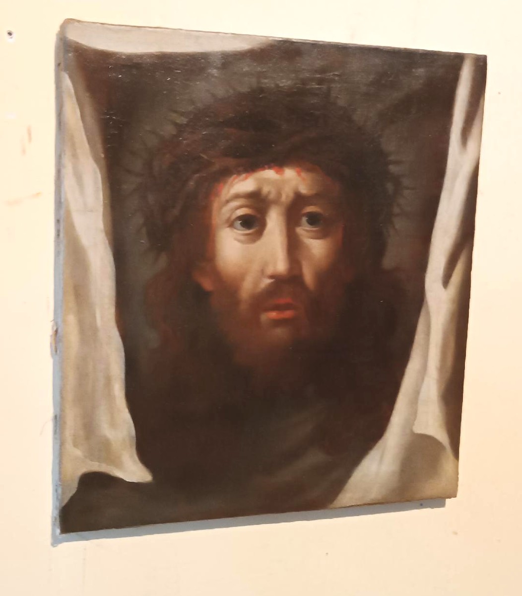 Antico dipinto -Olio su tela Cristo - Velo della Veronica -XVIII secolo-photo-2