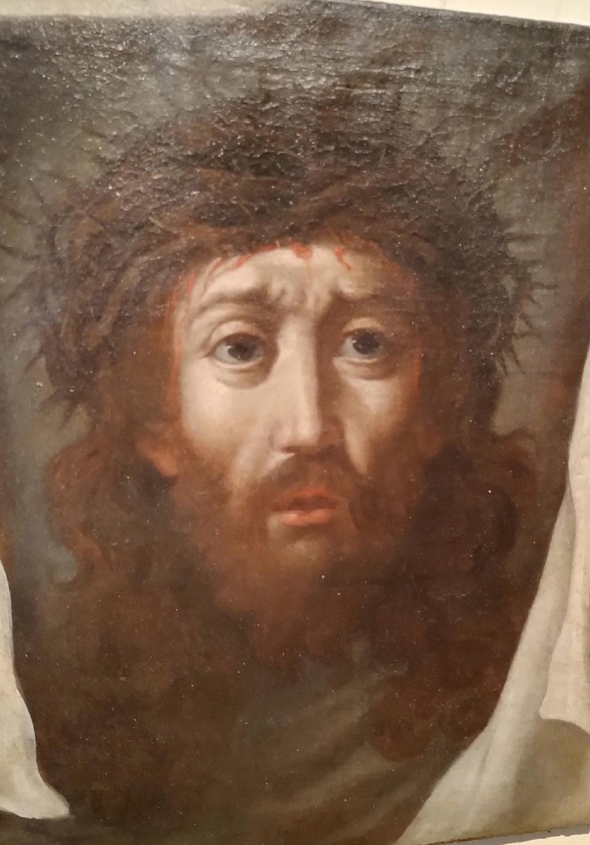 Antico dipinto -Olio su tela Cristo - Velo della Veronica -XVIII secolo-photo-4