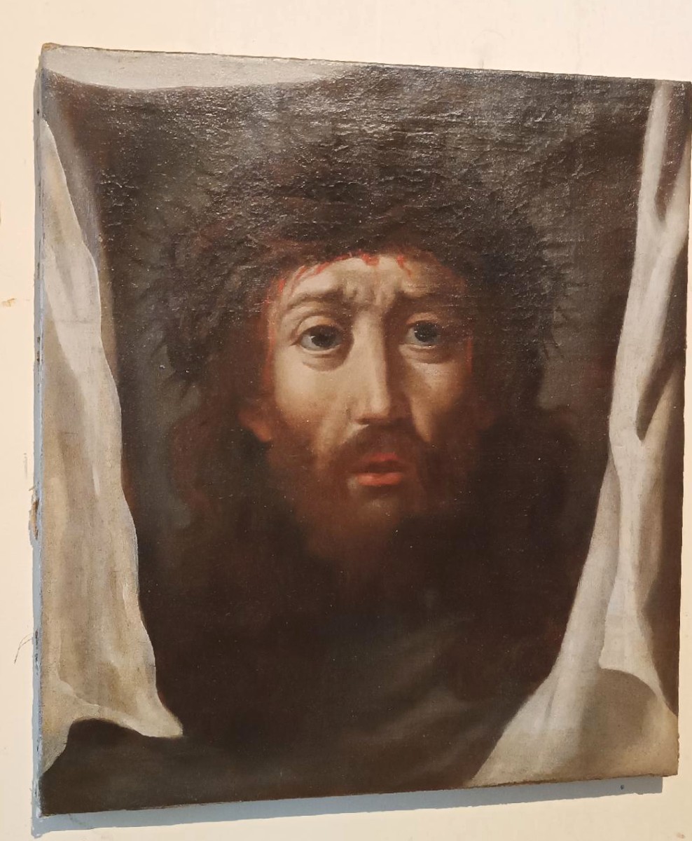 Antico dipinto -Olio su tela Cristo - Velo della Veronica -XVIII secolo-photo-4