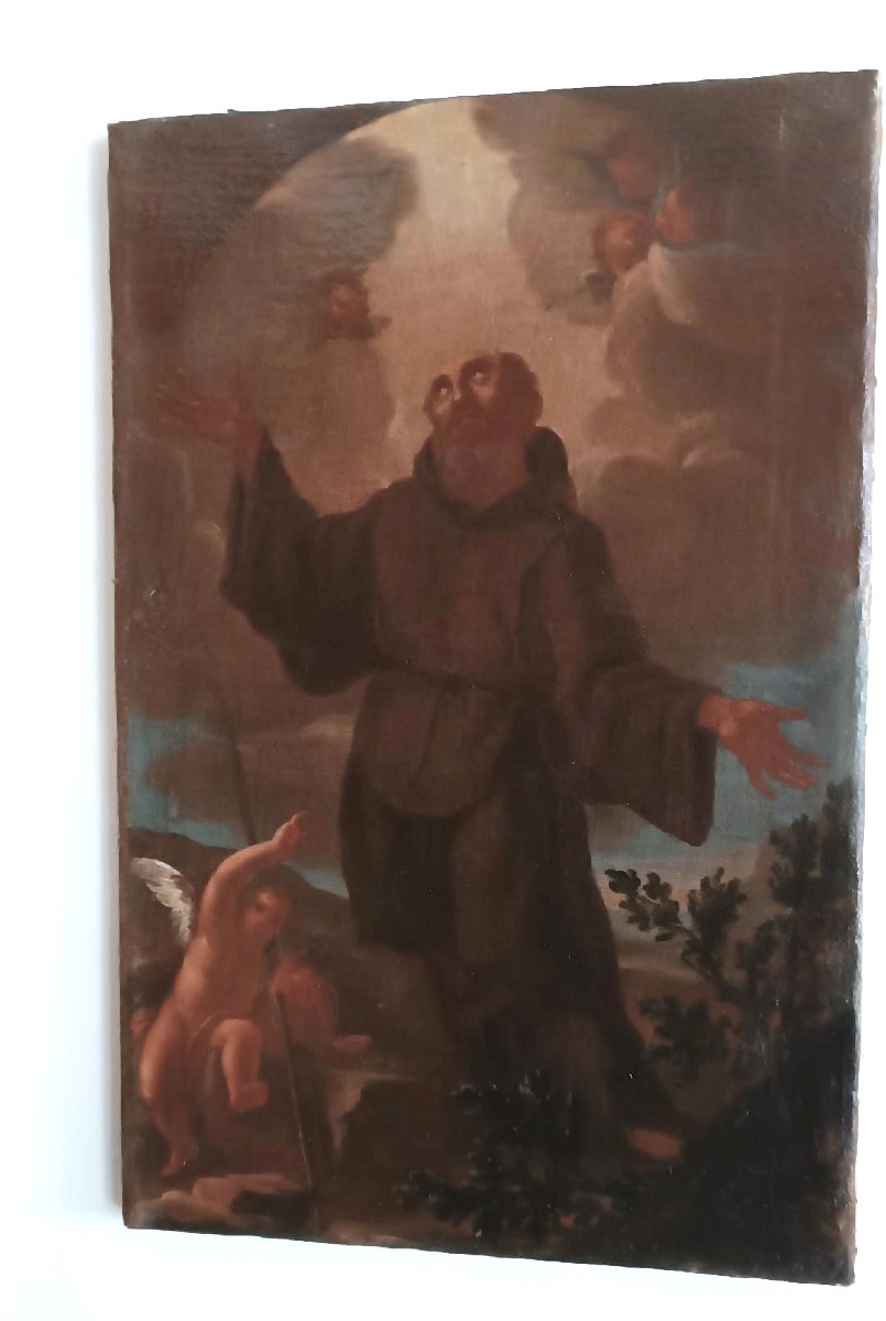 Antico dipinto olio su tela ,periodo barocco ,raffigurante santo Francescano-photo-2