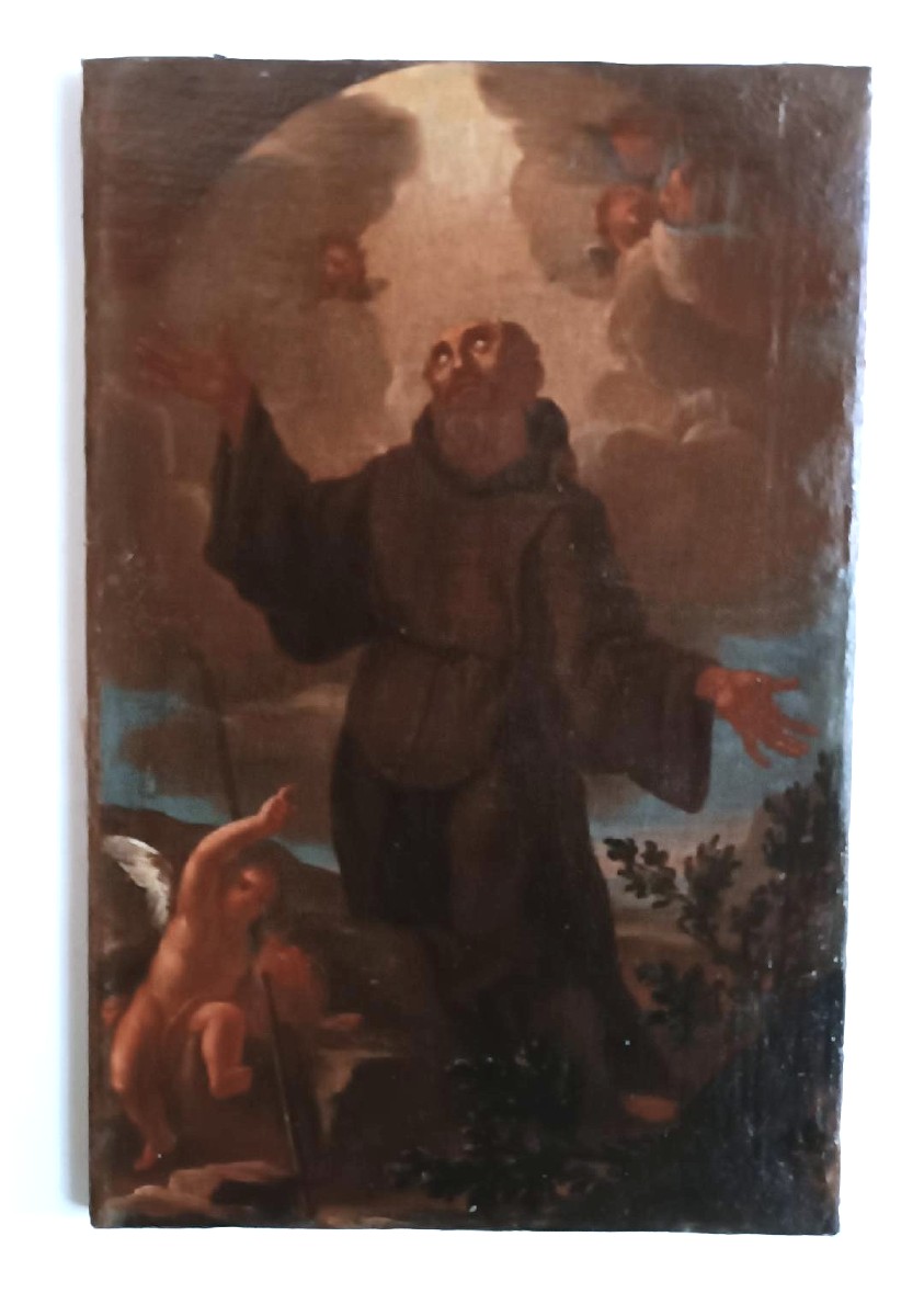 Antico dipinto olio su tela ,periodo barocco ,raffigurante santo Francescano-photo-3