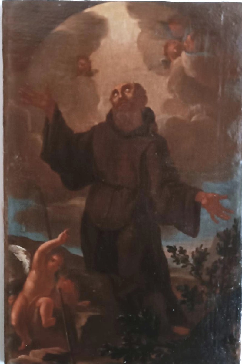 Antico dipinto olio su tela ,periodo barocco ,raffigurante santo Francescano-photo-4