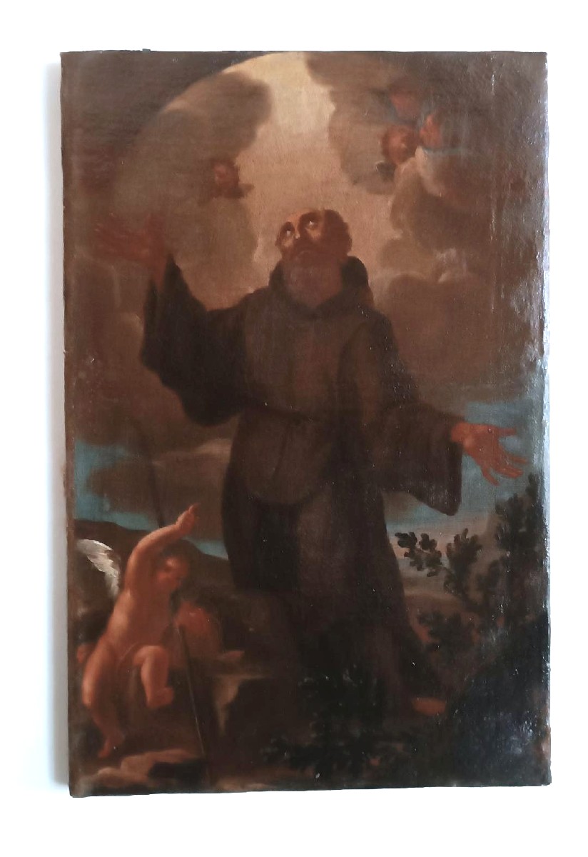 Antico dipinto olio su tela ,periodo barocco ,raffigurante santo Francescano