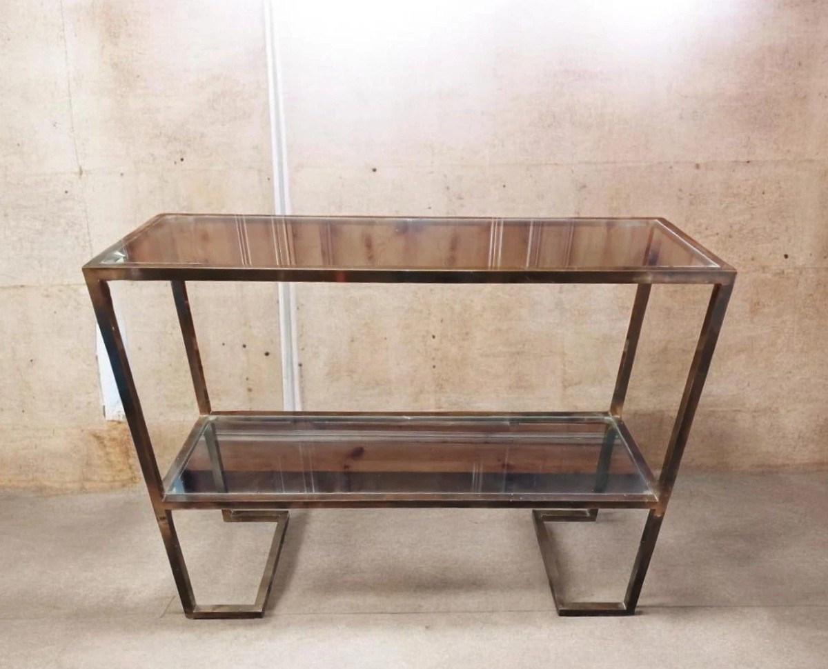 CONSOLLE ANNI 70 DESIGN MINIMALSTA OTTONE BRUNITO E VETRO MID CENTURY-photo-2