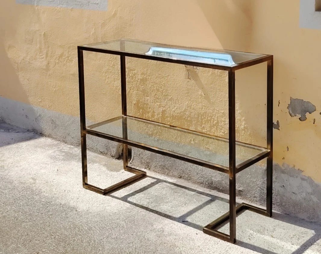 CONSOLLE ANNI 70 DESIGN MINIMALSTA OTTONE BRUNITO E VETRO MID CENTURY-photo-4