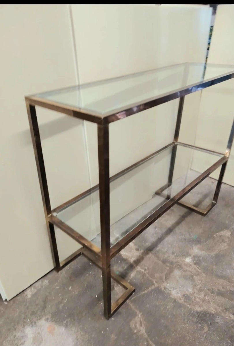 CONSOLLE ANNI 70 DESIGN MINIMALSTA OTTONE BRUNITO E VETRO MID CENTURY-photo-1