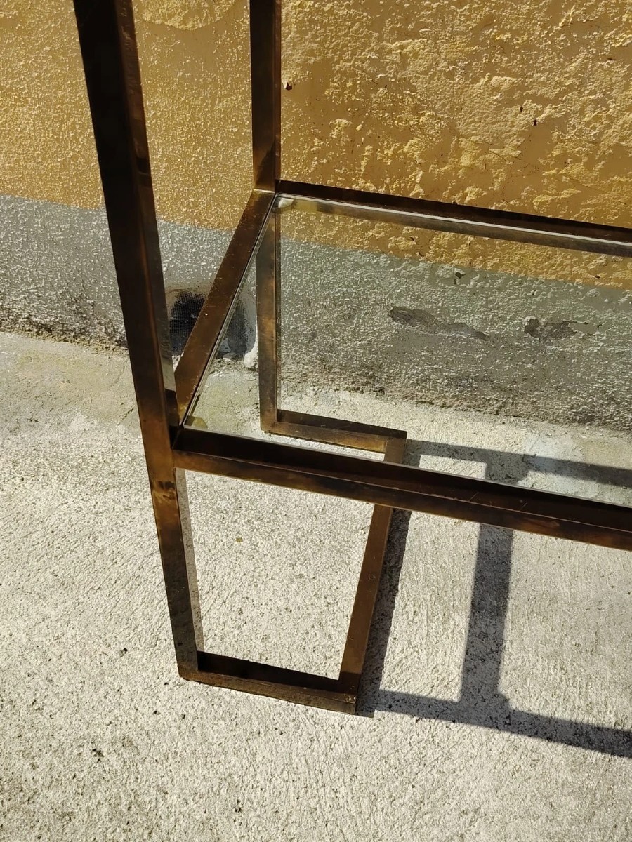CONSOLLE ANNI 70 DESIGN MINIMALSTA OTTONE BRUNITO E VETRO MID CENTURY-photo-2