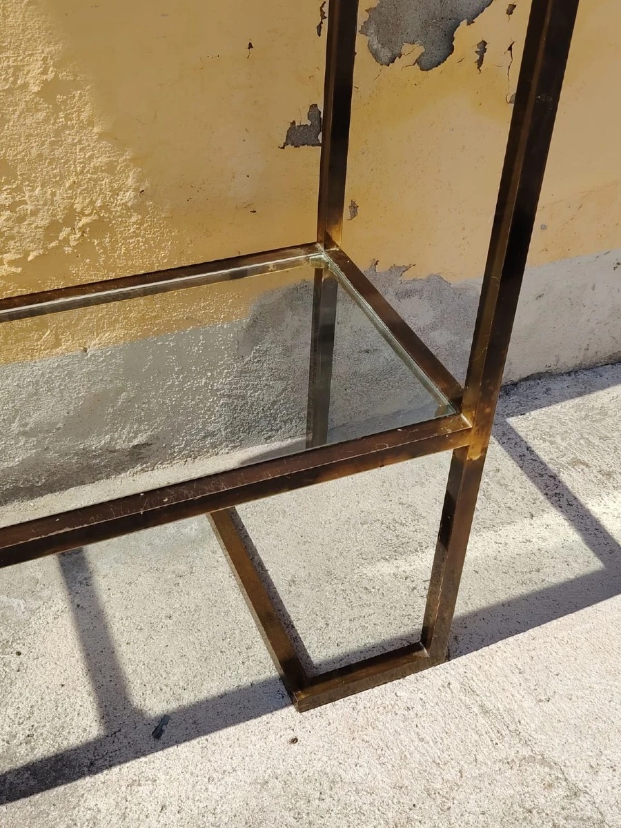 CONSOLLE ANNI 70 DESIGN MINIMALSTA OTTONE BRUNITO E VETRO MID CENTURY-photo-3