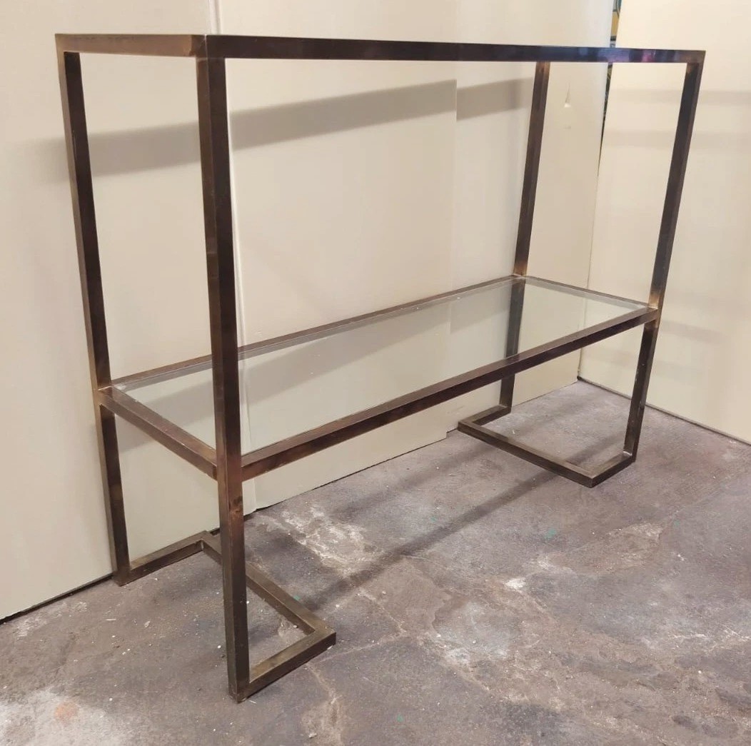 CONSOLLE ANNI 70 DESIGN MINIMALSTA OTTONE BRUNITO E VETRO MID CENTURY-photo-5