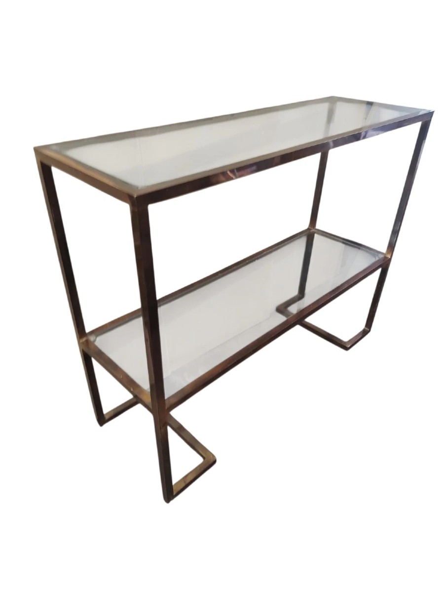 CONSOLLE ANNI 70 DESIGN MINIMALSTA OTTONE BRUNITO E VETRO MID CENTURY