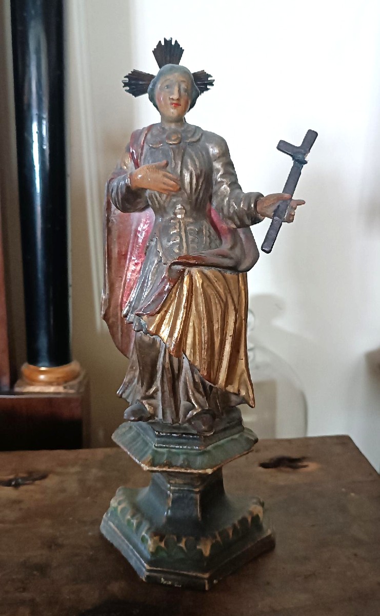 Antica scultura raffigurante Santa ,in legno policromo e dorato -periodo barocco-photo-2