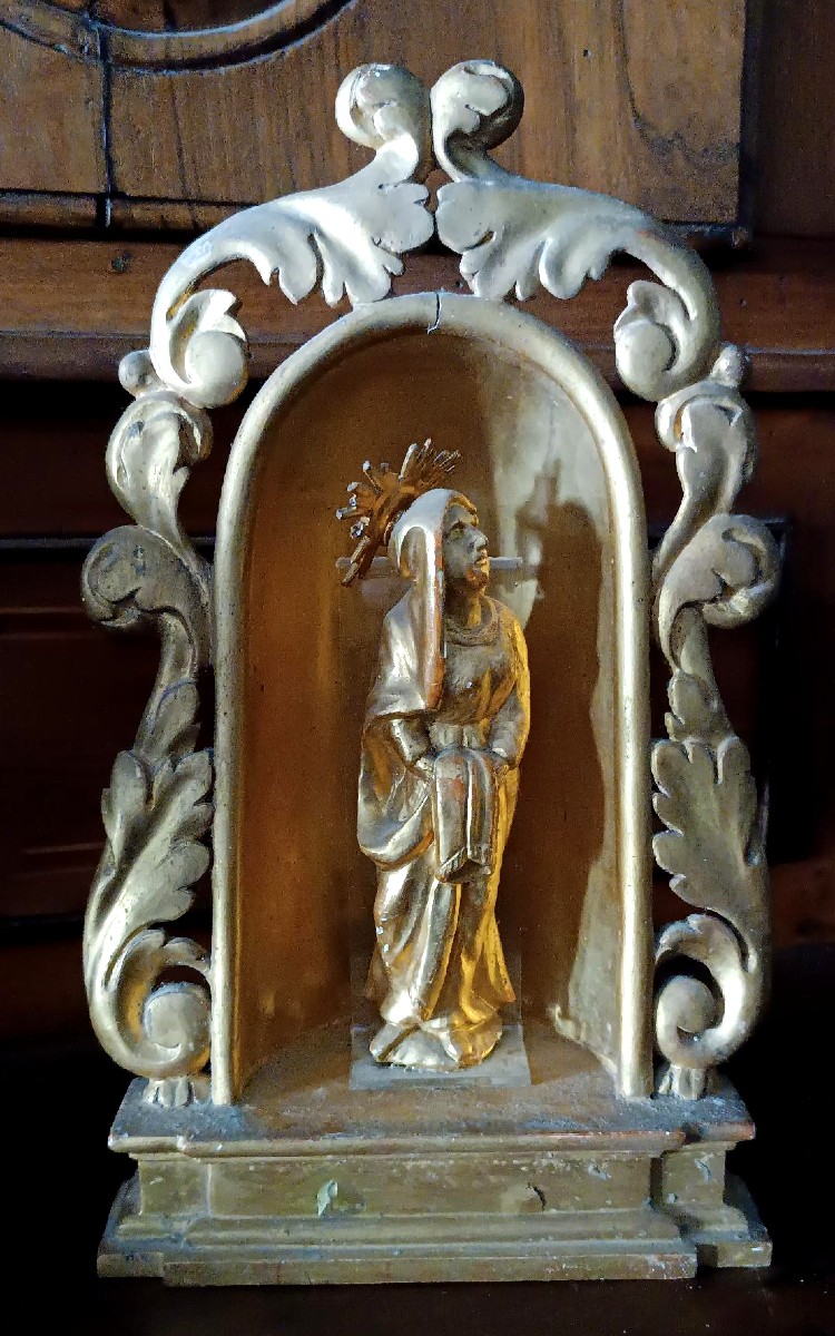 Antico piccolo altare con scultura della vergine in legno dorato-Periodo Barocco-photo-3