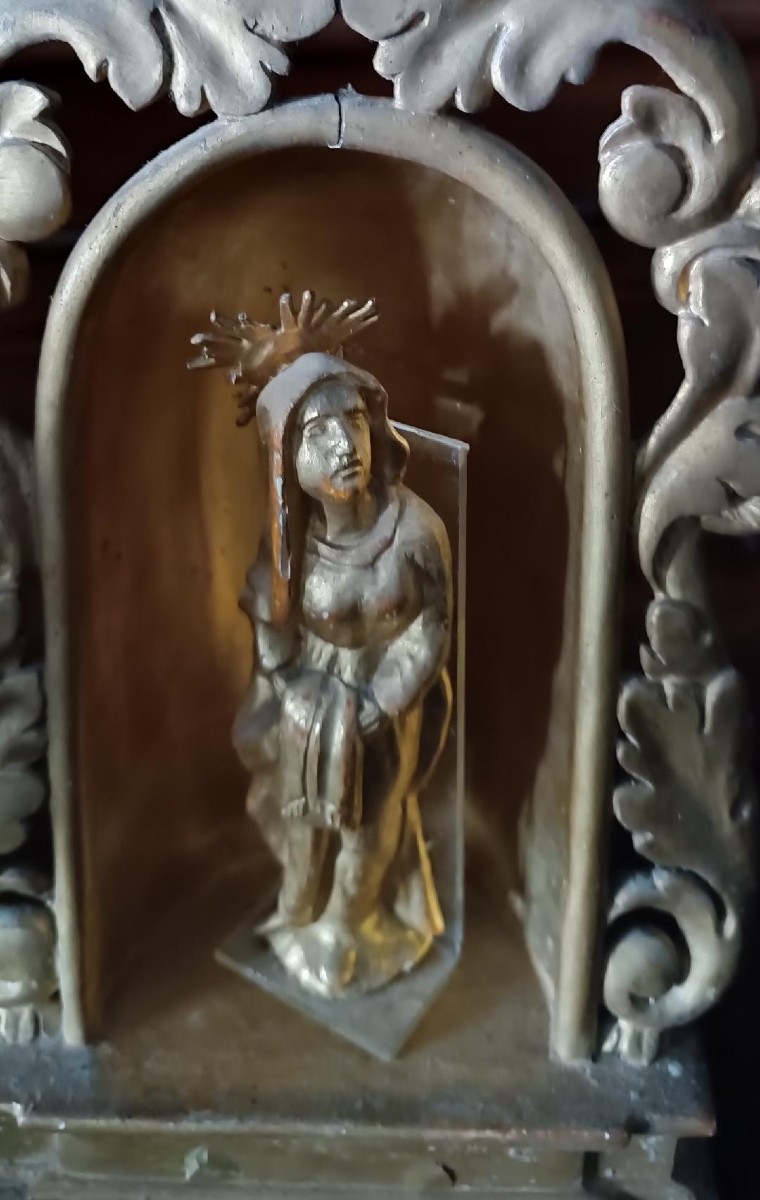 Antico piccolo altare con scultura della vergine in legno dorato-Periodo Barocco-photo-3
