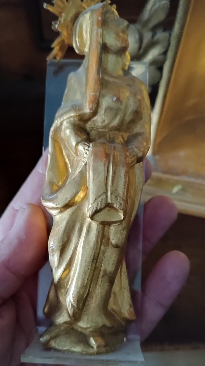 Antico piccolo altare con scultura della vergine in legno dorato-Periodo Barocco-photo-5