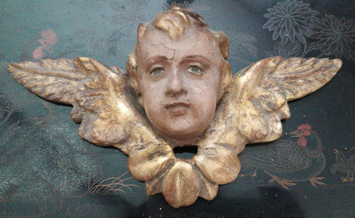 Antica scultura testa alata cherubino putto angelo-photo-3