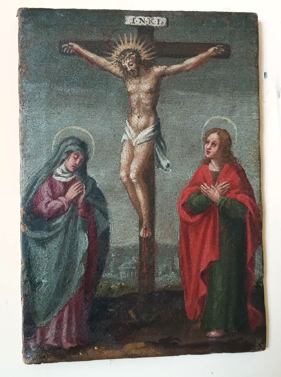 Antico dipinto ,olio su tela crocifissione, XVIII secolo-photo-3