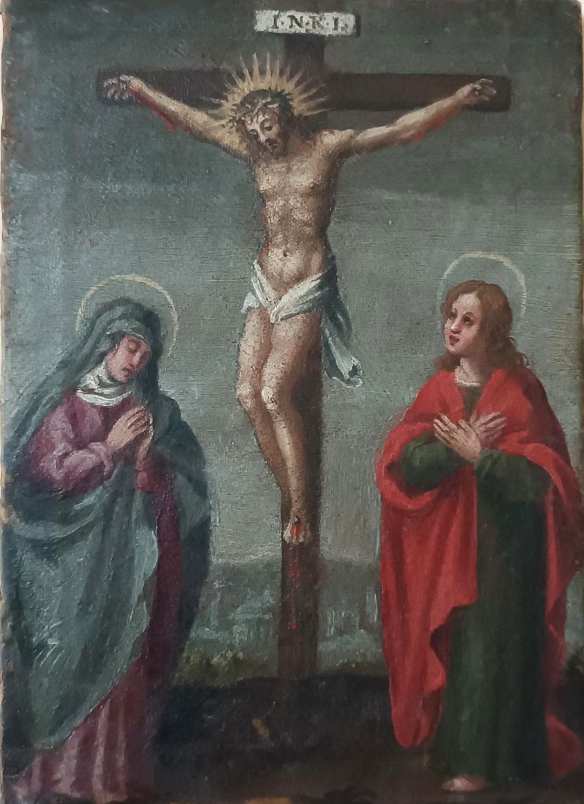 Antico dipinto ,olio su tela crocifissione, XVIII secolo-photo-4