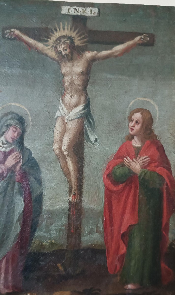 Antico dipinto ,olio su tela crocifissione, XVIII secolo-photo-1