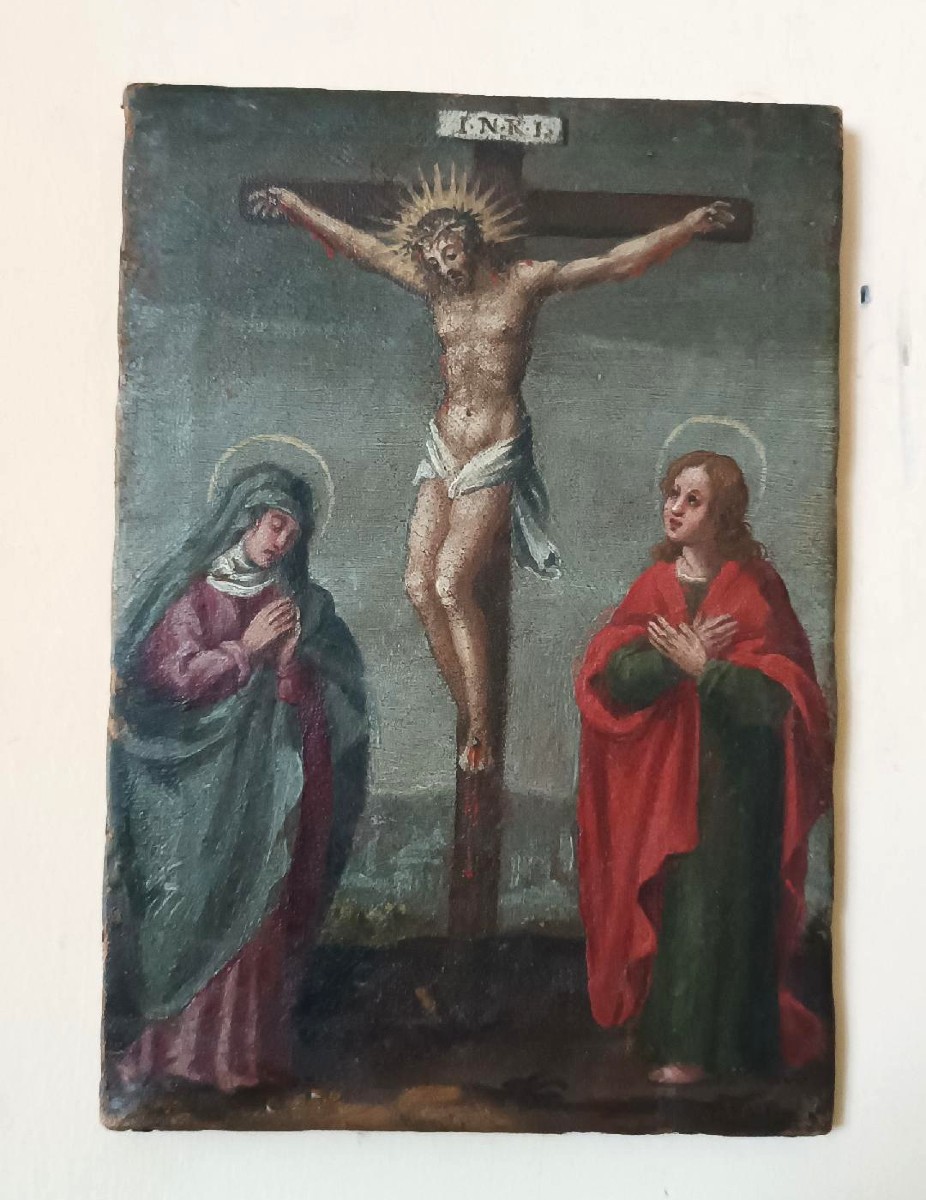 Antico dipinto ,olio su tela crocifissione, XVIII secolo