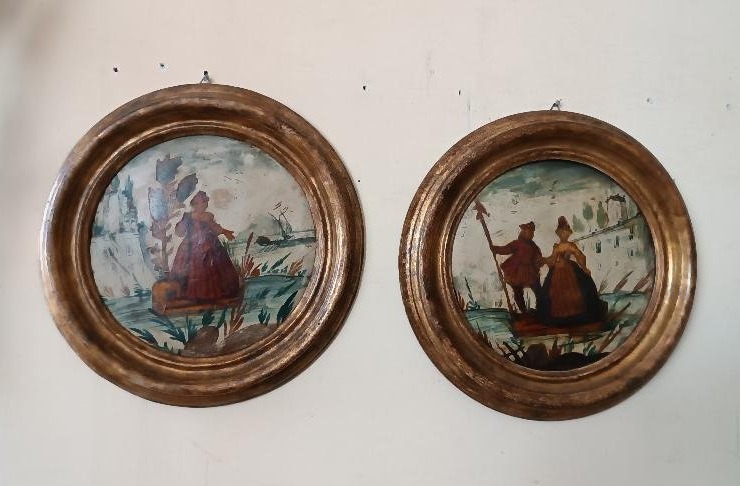 Antica coppia dipinti tecnica ( arte povera ) venezia XVIII secolo-photo-2