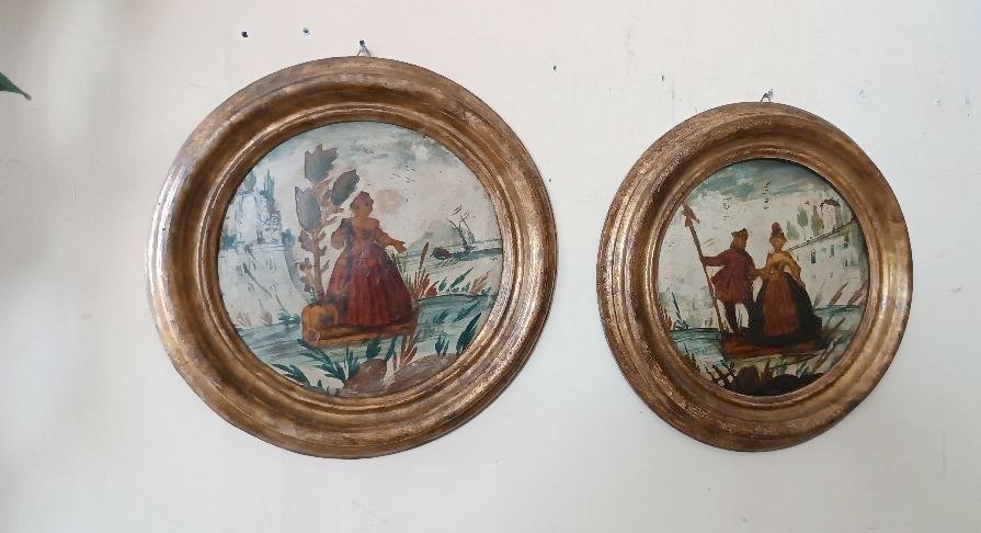 Antica coppia dipinti tecnica ( arte povera ) venezia XVIII secolo-photo-8