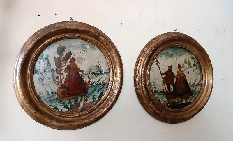 Antica coppia dipinti tecnica ( arte povera ) venezia XVIII secolo