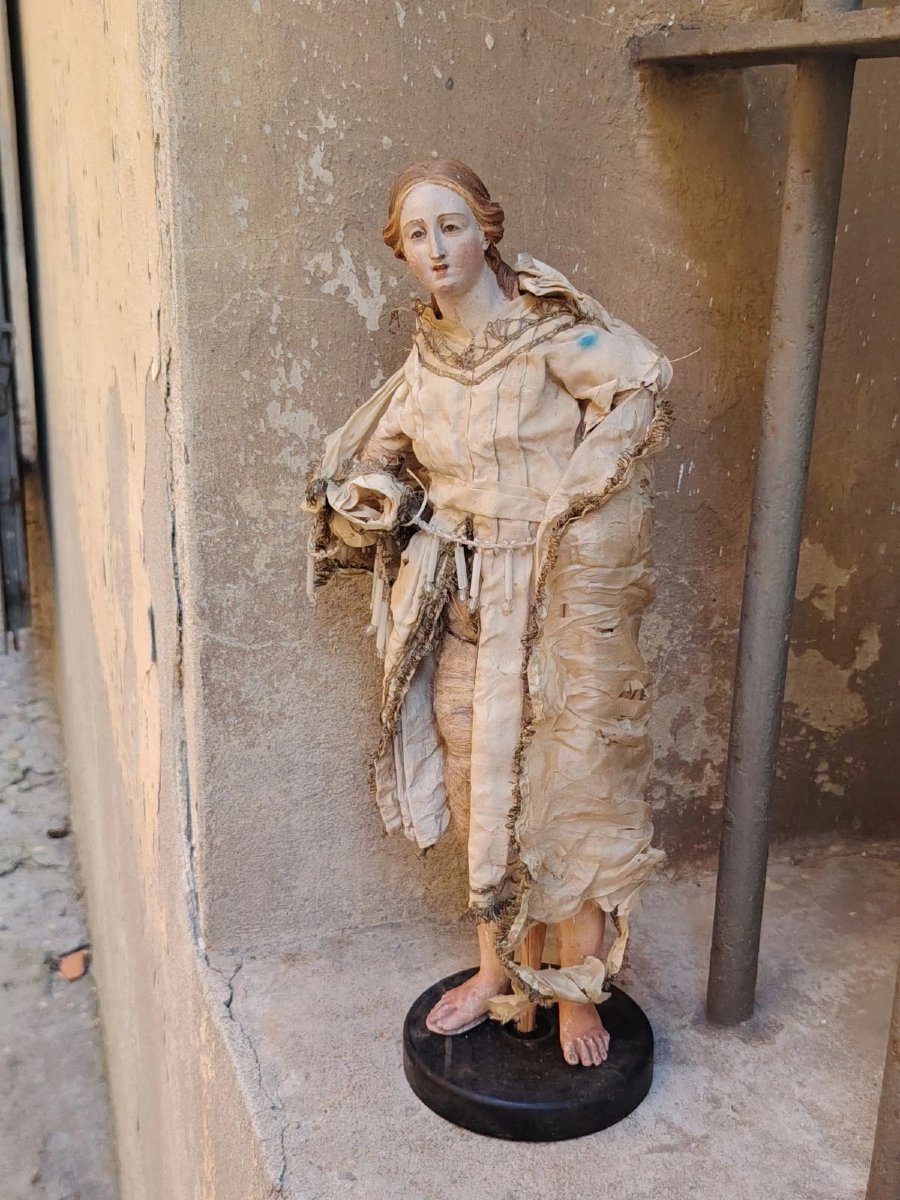 ANTICA STATUA SANTA TESTA IN TERRACOTTA E OCCHI IN VETRO - NAPOLI XVIII SEC-photo-1