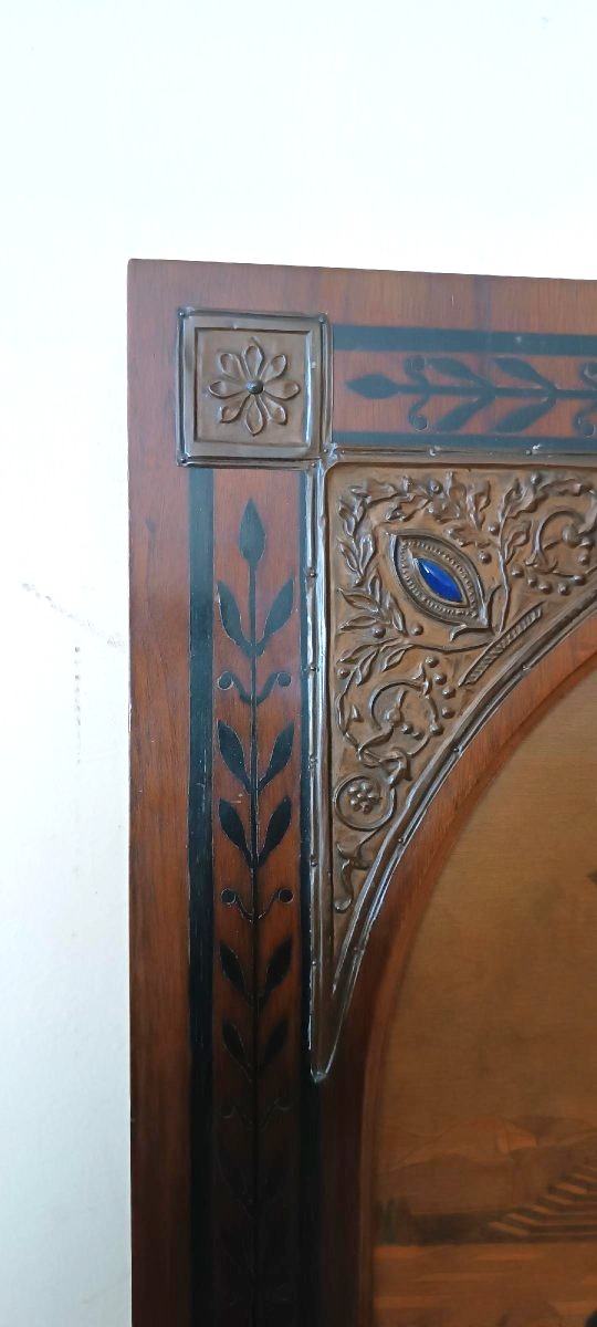 Pannello intarsiato ,cornice intarsiata ,primi 900 Italia ,sposalizio della vergine da Raffaell-photo-4
