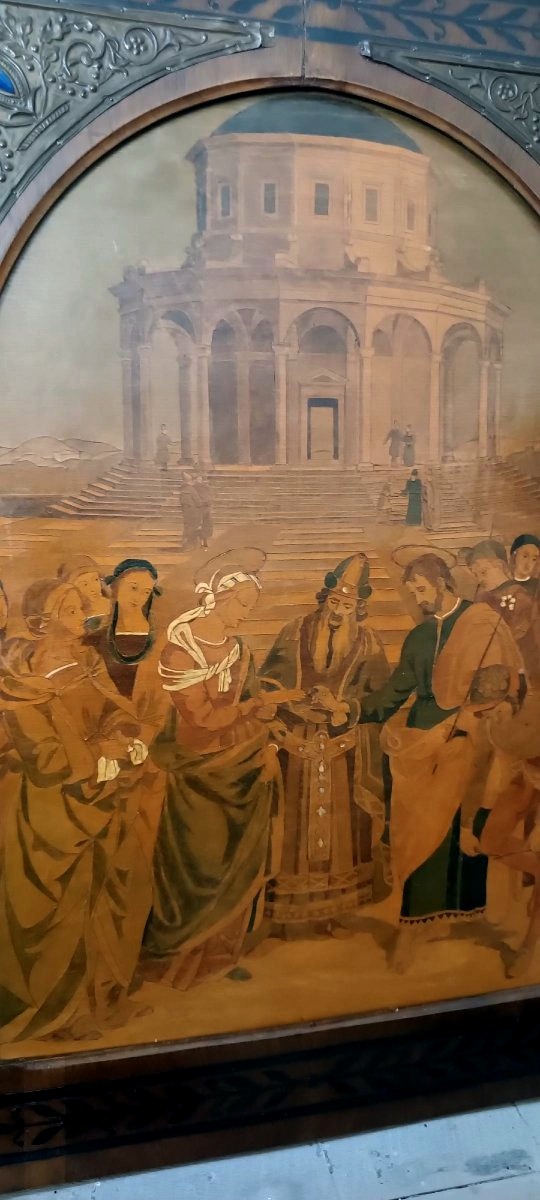 Pannello intarsiato ,cornice intarsiata ,primi 900 Italia ,sposalizio della vergine da Raffaell-photo-3
