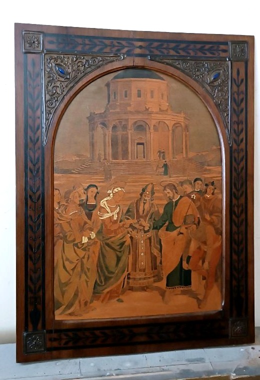 Pannello intarsiato ,cornice intarsiata ,primi 900 Italia ,sposalizio della vergine da Raffaell